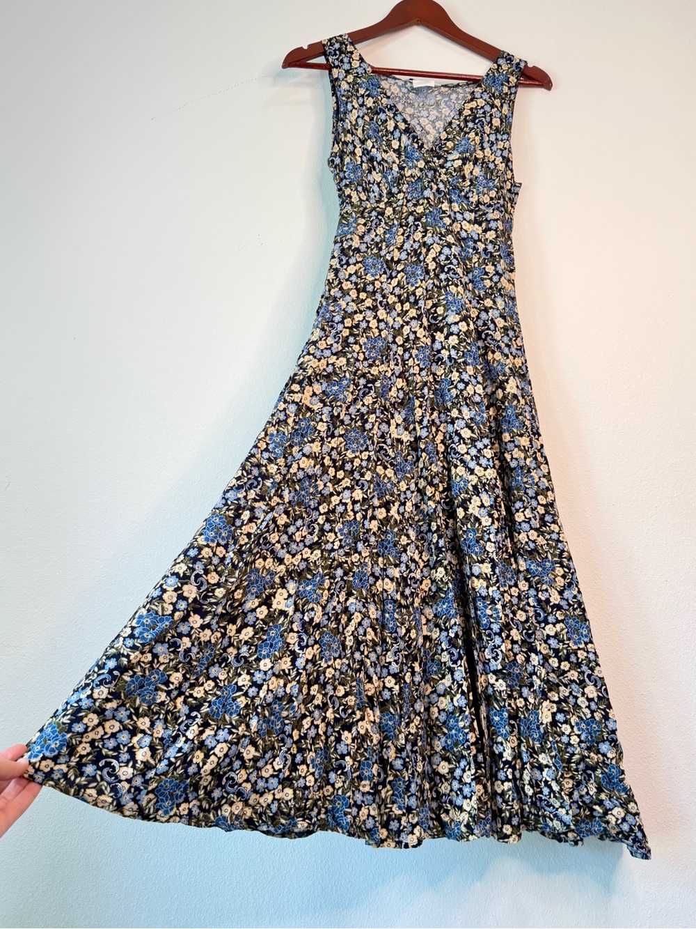 Vintage 90s Esprit Blue Ditzy Floral Midi Dress Womens M Cottagecore Boho Grunge
